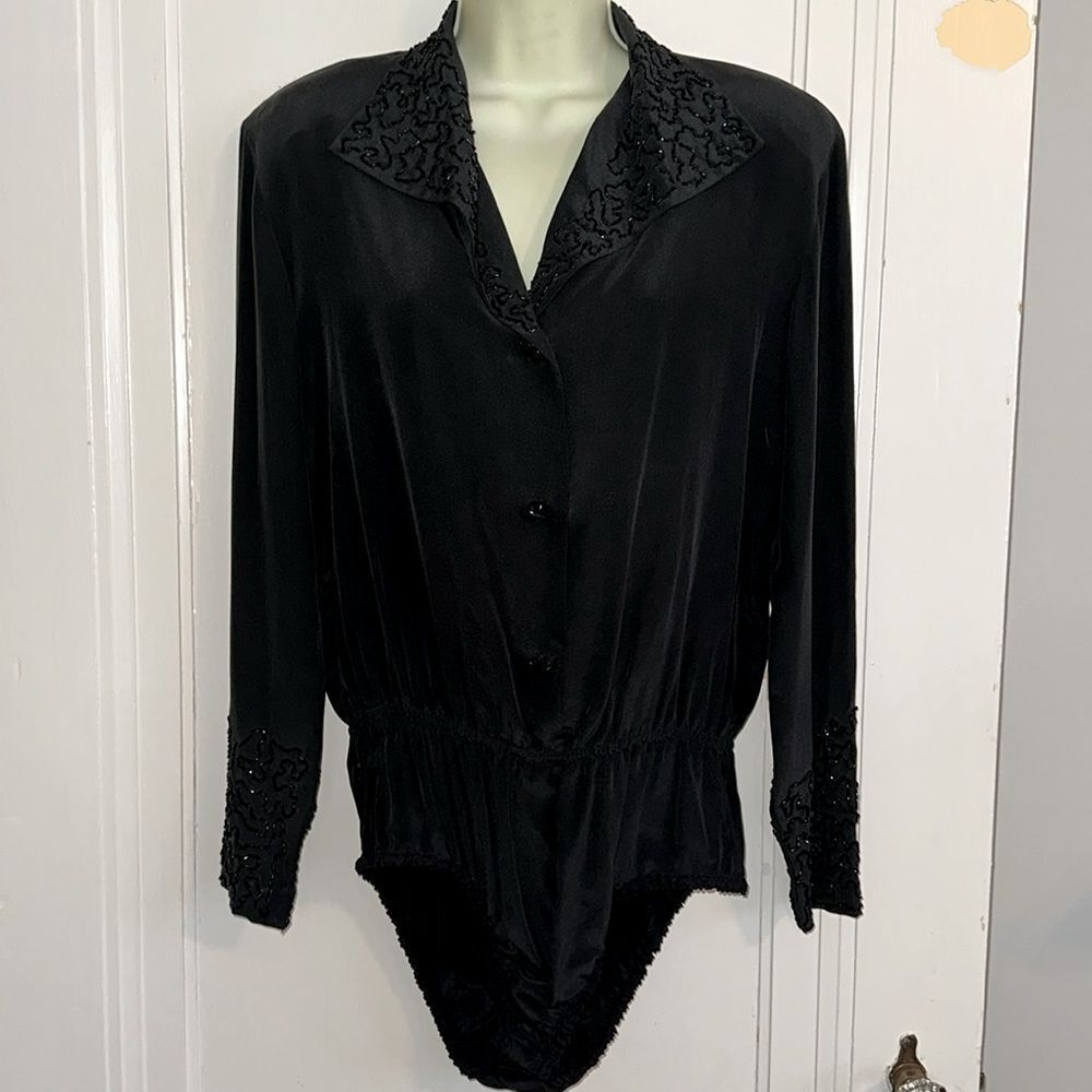 Vintage YL by‎ Yair black silk long sleeve bodysuit with beaded collar & cuffs